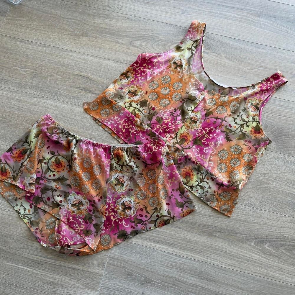 Victoria's Secret Y2K Large Pajama 2 Piece Set Pink & Orange Paisley Floral VTG